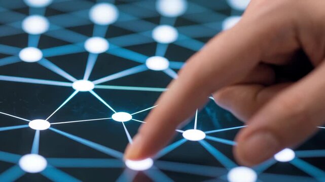 Finger touching digital network interface with glowing nodes and connecting lines illustrating semantic search concept on black surface for SEO
