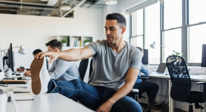 Casual professional taking a break to stretch his leg on the desk for comfort in the office
