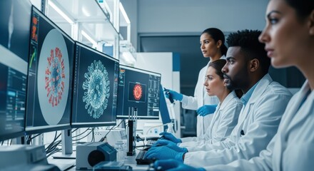 Medical research team collaborating in a modern laboratory analyzing viral data on computer monitors