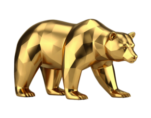 A geometric, polygonal bear sculpture rendered in shiny gold with smooth, faceted surfaces and a stylized, modern design.