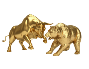 Golden sculptures of a bull and a bear facing each other in a dynamic, confrontational stance.