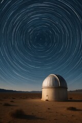 Star trails spinning above a desert observatory under a clear night sky, perfect for astronomy and science themes.


