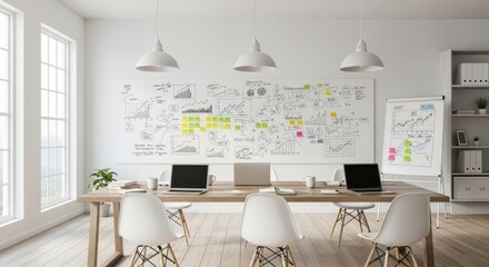 Bright minimalist startup office with a large whiteboard for strategic planning and analysis