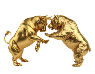 Two golden statues of a bull and a bear in mid-motion, symbolizing the dynamic clash between strength and power.