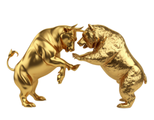 Two golden statues of a bull and a bear in mid-motion, symbolizing the dynamic clash between strength and power.