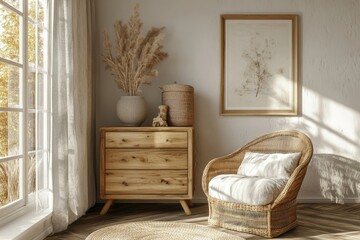 Interior with a dresser and armchair, rendered in 3D to showcase design cohesion and comfort, Generative AI