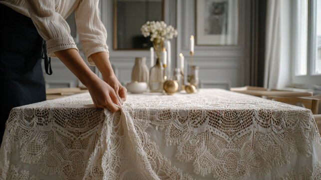 Lace tablecloth being arranged on a dining table, creating a cozy atmosphere.