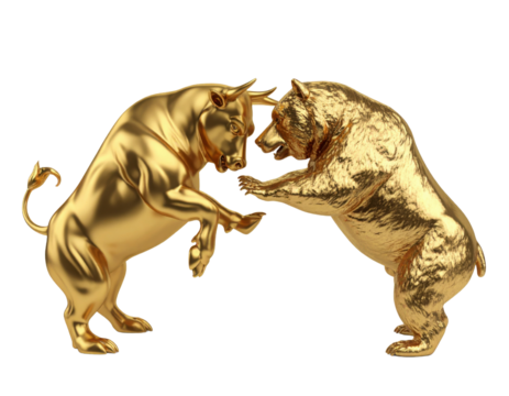 Two golden statues of a bull and a bear in mid-motion, symbolizing the dynamic clash between strength and power.
