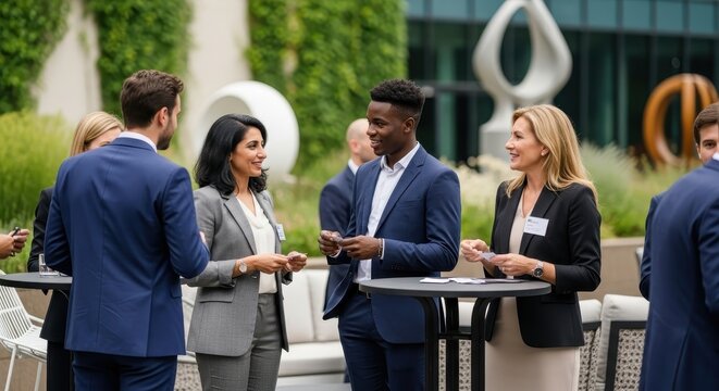 Diverse business professionals networking at an outdoor corporate function on a terrace.