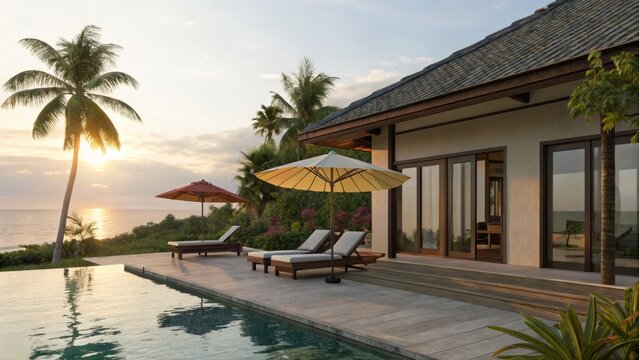 Relaxing poolside scene at sunset, with ocean views and luxurious villa setting.