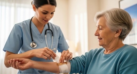 Obraz premium Caring nurse gently wrapping a bandage on a senior woman's arm during a home visit.