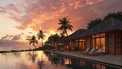 Obraz premium Spectacular sunset over a luxurious tropical villa with a swimming pool, creating a serene ambiance.