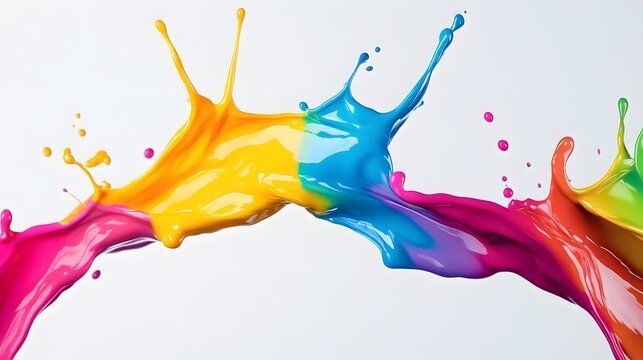 Vibrant colorful paint splashes collide against a plain white background creating an abstract design artfully.