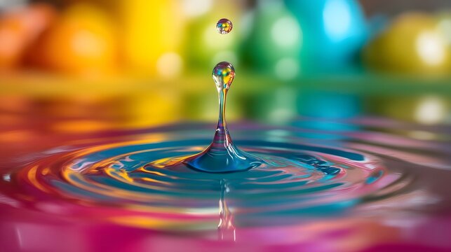 A colorful water droplet falls creating ripples on surface with blurred rainbow background in dynamic scene. - Powered by Adobe