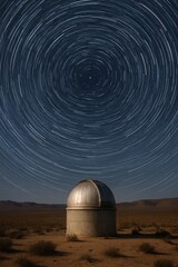 Star trails spinning above a desert observatory under a clear night sky, perfect for astronomy and science themes.


