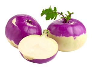 Three kohlrabi vegetables, two whole and one halved, displayed against a black background. The whole kohlrabis are vibrant purple with creamy-white interiors, showcasing a unique color contrast. 