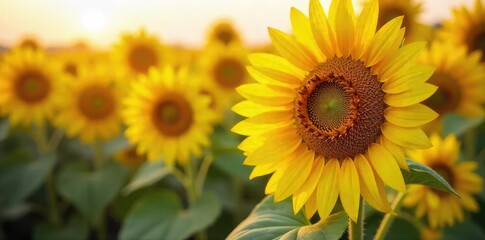 Obraz premium A field of vibrant sunflowers in full bloom, their faces turned towards the sun, with a close-up of ripe sunflower seeds Perfect for nature, agriculture, and healthy food themes , sunflowers, healthy