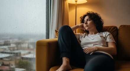 A pensive woman with curly hair sitting on a couch, looking out a window on a rainy day