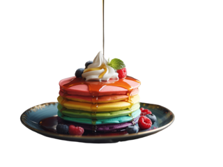 Stacked colorful pancakes with berries and syrup isolated on a transparent background rainbow