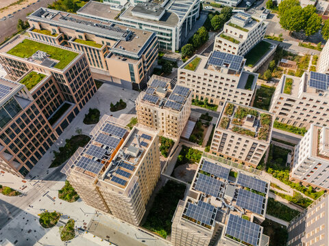 Aerial view of the The Paris 2024 Olympic and Paralympic Village with solar panels and green roofs create a modern urban landscape, Village des Athl&Atilde;&uml;tes Olympiques, &Atilde;Žle-de-France, France.