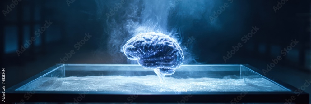 Poster holographic brain projection on a clear table demonstrating advanced technology and innovation in a 