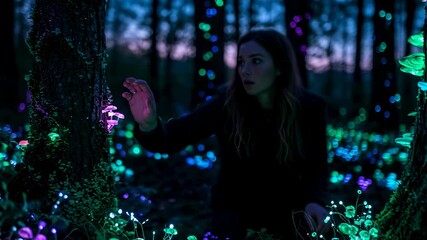 Woman exploring a magical dark forest wonderland with glowing bioluminescent mushroom. Fairytale enchanted wood with fantasy neon plants. Footage. - Powered by Adobe
