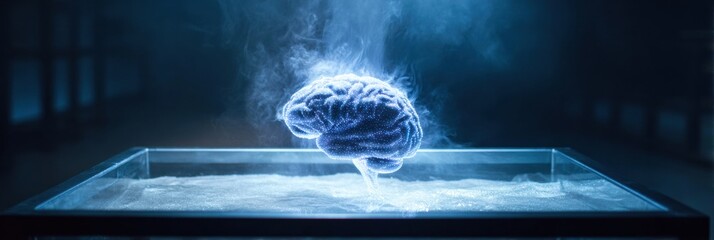 Holographic Brain Projection on a Clear Table Demonstrating Advanced Technology and Innovation in a Futuristic Space