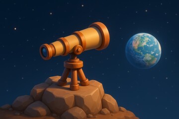 3D telescope on rocky ground viewing Earth from space, perfect for science, astronomy, or exploration themes.

