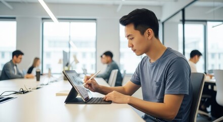 Young Asian creative professional drawing on a digital tablet in a modern co-working office
