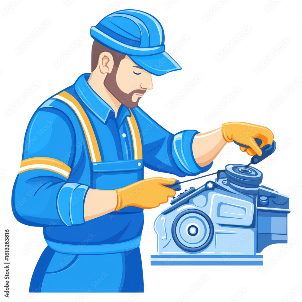 Poster mechanic working on engine with tools and equipment, isolated on transparent background.