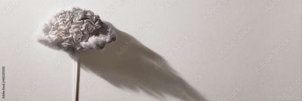 Poster thought cloud casting a shadow resembling a brain on a white wall in a minimalistic setting