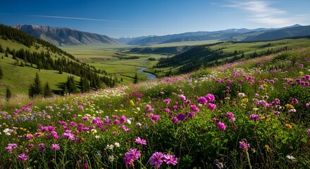 Obraz premium Wildflowers bloom in a meadow beside a winding river and distant mountains