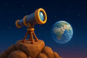 3D telescope on rocky ground viewing Earth from space, perfect for science, astronomy, or exploration themes.

