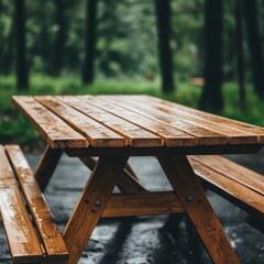 Fototapeta premium Wet Wood Picnic Table in Forest, Outdoors , Park