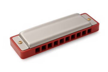 Metal-trimmed red harmonica resting on clear surface, capturing blues and folk music instrument essence
