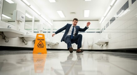 A businessman in a suit slipping on a wet floor in a public restroom with a warning sign.