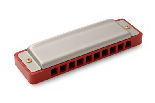 Metal-trimmed red harmonica resting on clear surface, capturing blues and folk music instrument essence