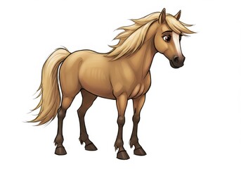 Obraz premium Cartoon illustration of a light brown horse standing on a white background, with flowing mane and tail.