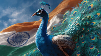 Fototapeta premium A vibrant peacock in front of the Indian flag, symbolizing national pride with open space for branding. 