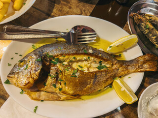 Mediterranean seafood platter with fish, langoustines, octopus, mussels, grilled vegetables, hummus and dips served in traditional style