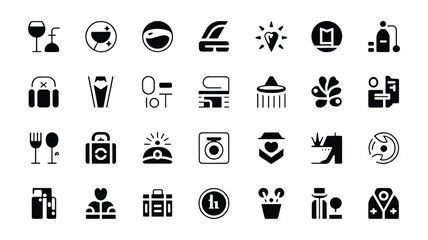 Collection of Black Glyph Icons Representing Diverse Business and Lifestyle Categories for Modern Design Projects