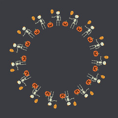 Wreaths for Halloween celebration with cute ghosts, skeletons and orange pumpkin Vector Holiday Illustration Decor for October 31st