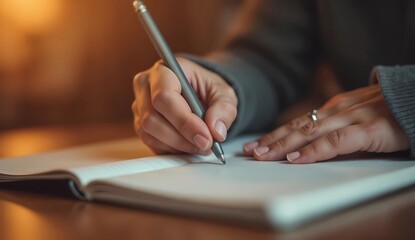 Close-up of hand writing in notebook under warm ambient lighting.