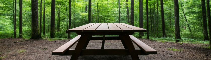 Fototapeta premium Wooden Picnic Table in a Lush Forest Setting, Outdoors , Greenery