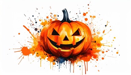 A vibrant Halloween pumpkin illustration with colorful paint splatters symbolizing festive creativity and autumn celebration. Watercolor painting.
