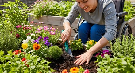 Woman in wheelchair gardening in raised flower bed
