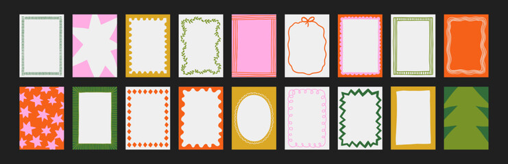 Naklejka na ściany i meble A trendy collection of vector frames and backgrounds with hand-drawn borders, abstract wavy lines retro-inspired patterns. Frames in playful colors. For invitations, posters, social media templates