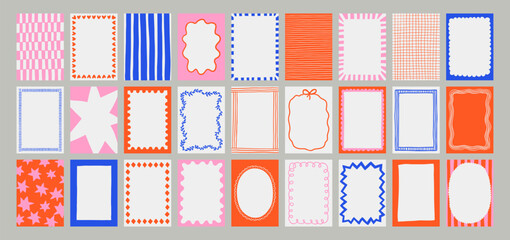Naklejka na ściany i meble A trendy collection of vector frames and backgrounds with hand-drawn borders, abstract wavy lines retro-inspired patterns. Frames in playful colors. For invitations, posters, social media templates