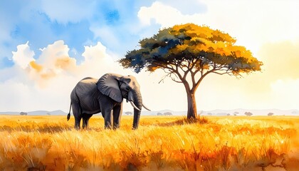 A watercolor painting of an elephant under an acacia tree in golden savannah depicting African wildlife and natural heritage