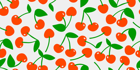 Bright and bold vector seamless pattern pattern with hand-drawn cherry. Playful and retro summer vibe. For fabric, packaging, wrapping paper, wallpapers, and social media templates.